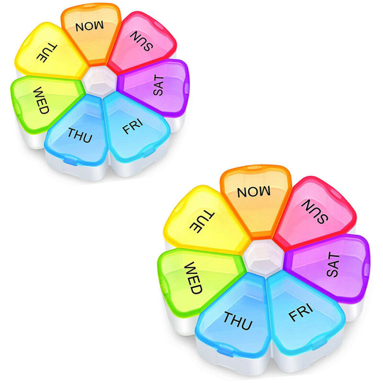 2 Pack Weekly Pill Organizer, 7 Day Portable Pill Organizer with Large Compartments, Flower Pill Organizer for Vitamins, Fish Oils or Supplements