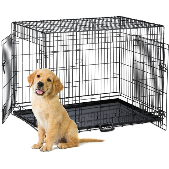 Foldable Dog Crate, for Travels with Pets or Indoors Use, Metal Bottom, 2 Doors, hwd: 79 x 108 x 72cm, Black - Relaxdays