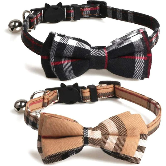 Denuotop - Cleaning Gravels Set of 2 Escaped Cat Collars with Cute Bow Tie and Bell for Kitten and Some Puppies, Adjustable 7.8-10.5 Inches (Black +