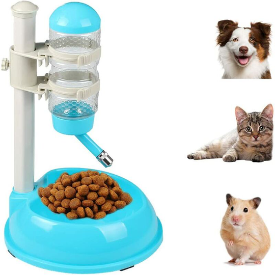 Pet Dog Cat Automatic Water Food Feeder Bowl Bottle Standing Dispenser blue