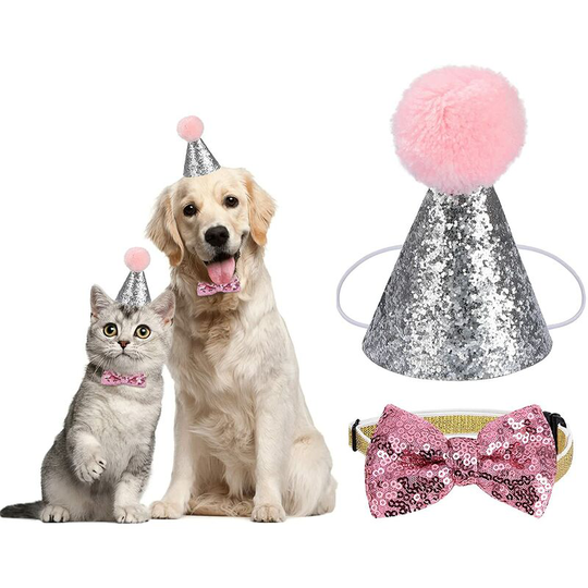 Pet Birthday Hat Dog Cat Hat with Bow Tie Sequin Party Costume 2pcs