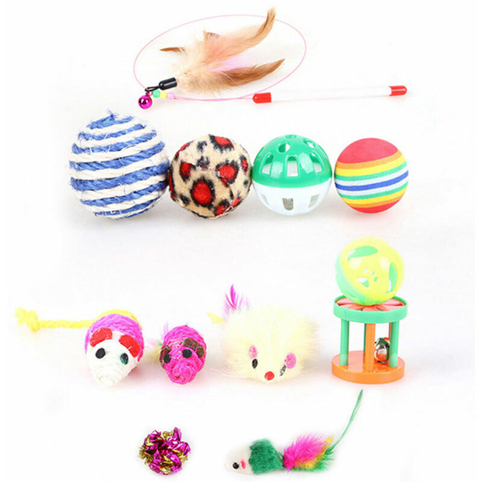 Cat Plush Toy 12 Pack Interactive Pet Cat Toys Includes Fluffy Feather Teaser Mouse Crinkle Balls Drum Fun Exercise Playing for Pet Birthday Gift,