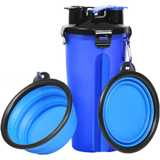 Travel Dog Bowls, Cat Water Dispensers, Collapsible Bowls for Travel (Food and Water Dispenser) - Single + Double Bowl Blue