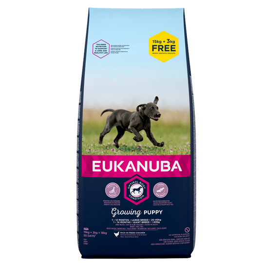 15kg Eukanuba Dry Dog Food + 3kg Free!* - Puppy Large Breed - Chicken (18kg)