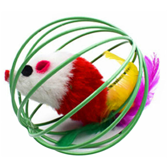 Cat Ball Toys with Bell Feather Colorful Cute Mouse in Cage Shaped Interactive Ball Toy for Cats and Dogs Training Playing