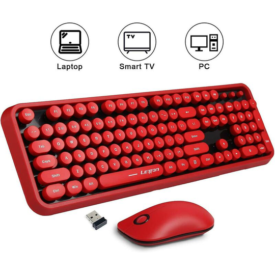 Wireless Keyboard And Mous Combo,cute Wireless Keyboard With Round Retro Style Red Key,2.4 Ghz Connectivity,for Pc,laptop-blue Thsinde