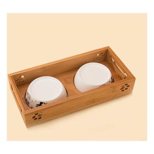 Bearsu - Bowl Set, Non-Slip Ceramic Set with Bamboo Stand Pet Feeder Bamboo Stent Double Bowl for Dog Cat