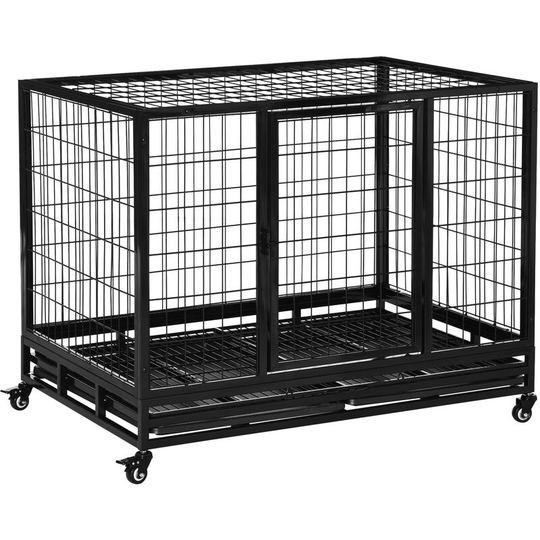 Metal Kennel Cage with Wheels and Crate Tray for Pet Dog Large Black - Black - Pawhut