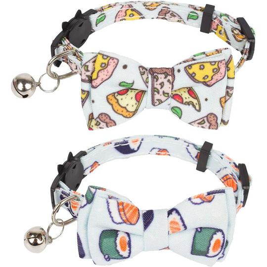 13treize - Cat Collar Breakaway with Cute Bow Tie Bell - 2 Pack Kitten Collar with Removable Bowtie Sushi Donuts Hamburg Pizza Pattern Cat Bow tie