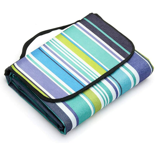 Waterproof Picnic Blanket 200x200cm - Large Portable with Handle Mat for Beach Camping Travel Summer, Blue Stripes