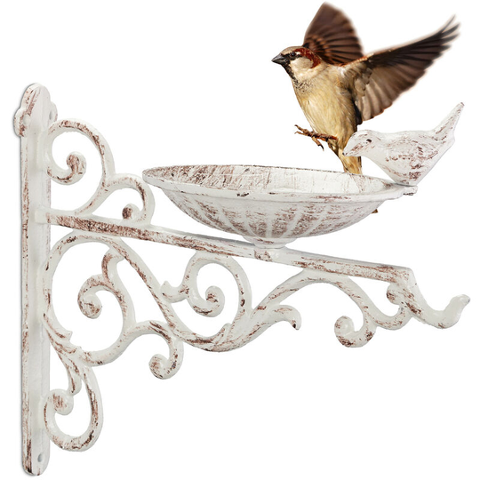 Bird Bath, Water Bowl, Wall Mountable, Frost-Proof, h x w x d: 24 x 28 x 14 cm, Cast-Iron, White - Relaxdays