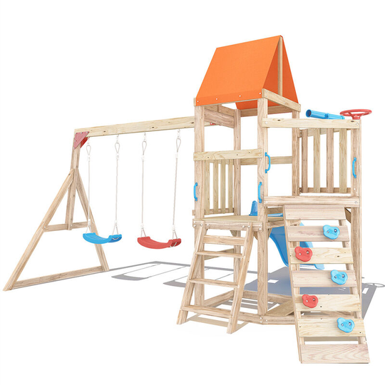 Climbing Frames for Children Outside, Pressure Treated Playhouse Wave Slide and Swing Set with Monkey Bars Swing Slide (Natural Color)