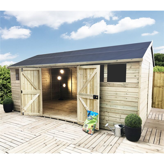 15 x 15 Reverse Premier Pressure Treated t&g Apex Shed / Workshop With Higher Eaves & Ridge Height 6 Windows & Double Doors (12mm t&g Walls, Floor &