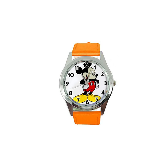 Watch Analogue Quartz with Real Leather Band Orange Round for Fan of Mickey Mouse