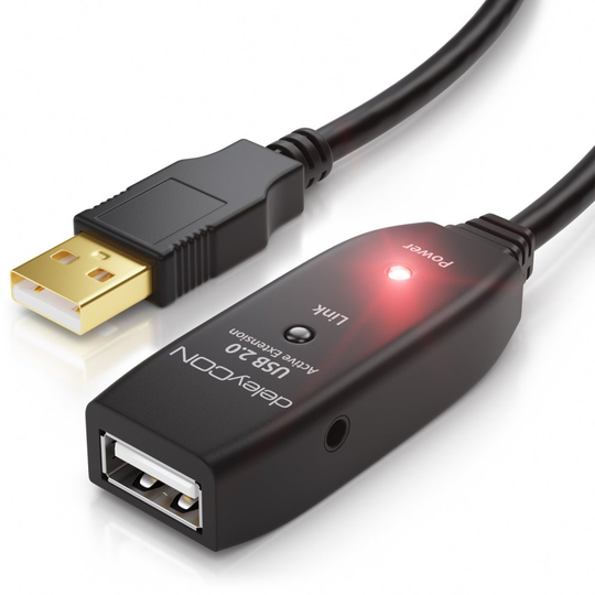 deleyCON 10m USB 2.0 Extension Cable Repeater Cable with Active Signal Booster USB A to USB A Port - Black