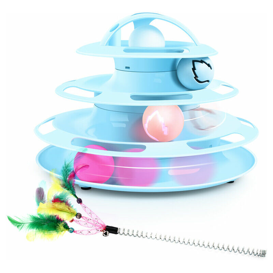 Cat Catch the Balls Toy, 2 in 1 Cats 4 Layers Maze Toy, Cat Kitten Play Balls Toy, Interactive Cat Toy with Catnip, Bells and Feathers, (Blue) - Blue