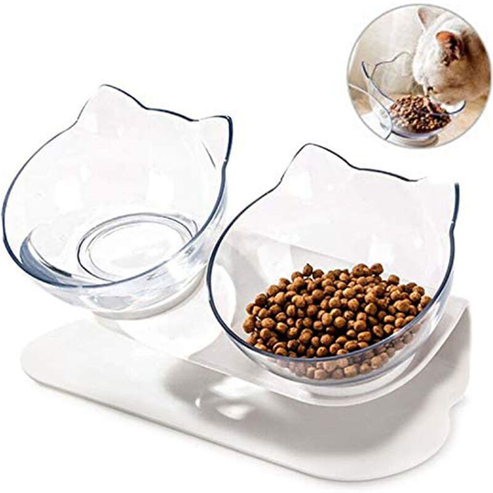 Elevated Double Plastic Bowl,Pet Feeding Bowl,Raised The Bottom for Cats and Small Dogs ,Cute Cat Face Double Bowl, transparent
