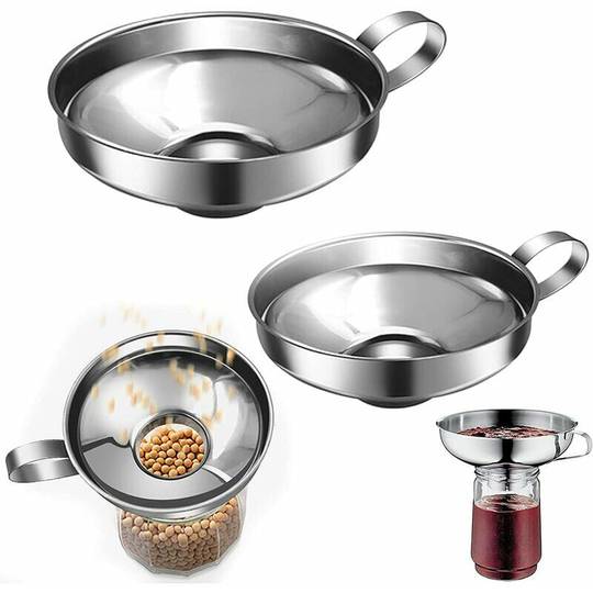 Echoo - 2 Pieces Stainless Steel Funnel Strainer Jam Funnel Kitchen Strainer Funnel Set with Handle for Transporting Liquids Oils Powders Beans and