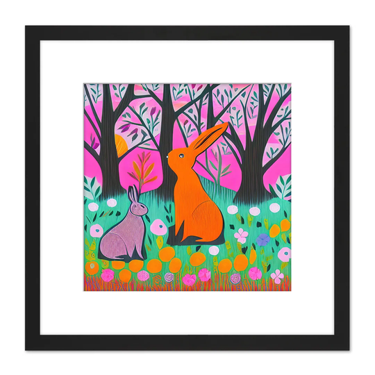 Bunny Rabbits in a Forest Meadow Flowers - Picture Frame Graphic Art