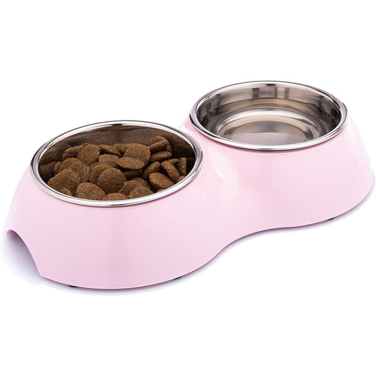 Double Dog Bowl, Melamine Multicolor Non-Slip Stainless Steel Bowl for Cat and Puppy | Pink, 2 x 350ml