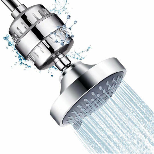 Groofoo - Fixed Shower Head + 15 Stage Anti-Limescale Shower Filter With Vitamin c - High Flow Shower Filter to Remove Chlorine and Fluoride - Hand