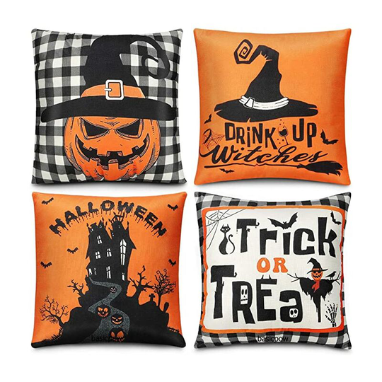 Ilovemilan - Happy Halloween Pillow Cover Set of 4 , Linen Spooky Pumpkin Witch Castle Trick or Treat Pillowcase, Festive Decorations for Sofa Couch