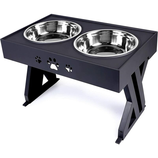 Raised Dog Bowl Stand - 2 x 1140ml Stainless Steel Bowls - Adjustable Bowls for Large Dogs and Cats - Non-Slip Base (Black)