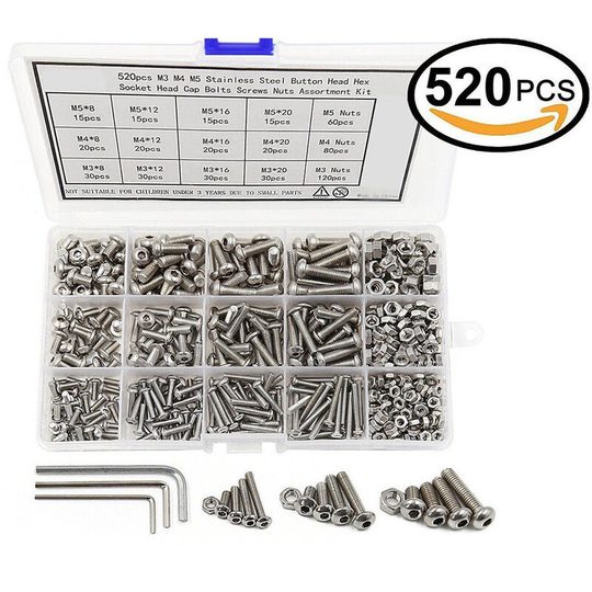 Betterlifegb - 520 pcs Nut and Bolt Set, High-Quality M3 M4 M5 Stainless Steel Hex Socket Button, Bolt & Nut Assorted Screws with 3 Free Hex Wrenches