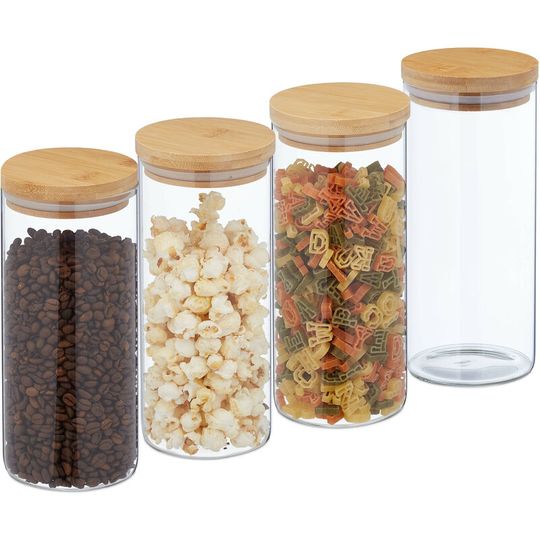 Storage Jars in Set of Four, 1300 ml Each, Bamboo Smell-proof Lids, Dry Food Storage, Glass, Transparent/Brown - Relaxdays