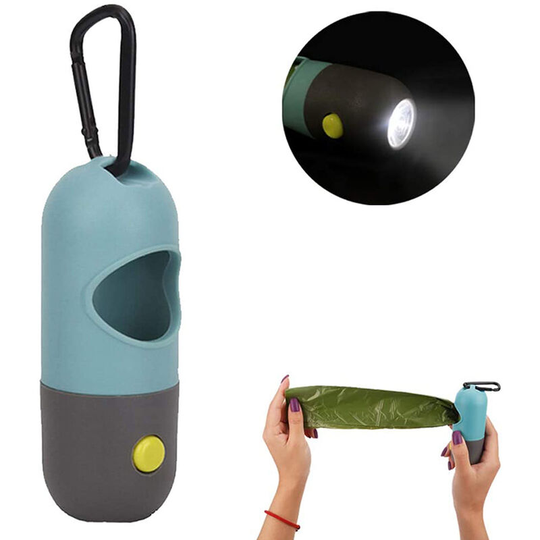 Dog poop bag dispenser with built-in led flashlight and metal clip