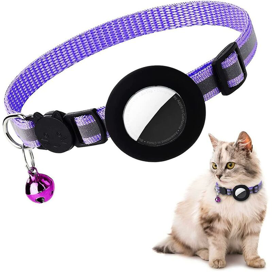 Deckon - Airtag Cat Collar, Reflective Airtag Cat Collar with Bell and Airtag Silicone Waterproof Holder Purple-Black