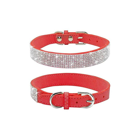 Rhinestone Dog Collar, Cute Dazzling Sparkling Soft Suede Leather Dog Cat Rhinestone Collar Crystal Diamond Pet Dog Puppy Collar(Red,XS)