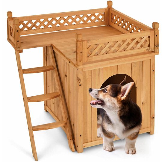 Wooden Dog Cat House Indoor Outdoor Kennel Crate w/ Raised Roof Balcony & Ladder