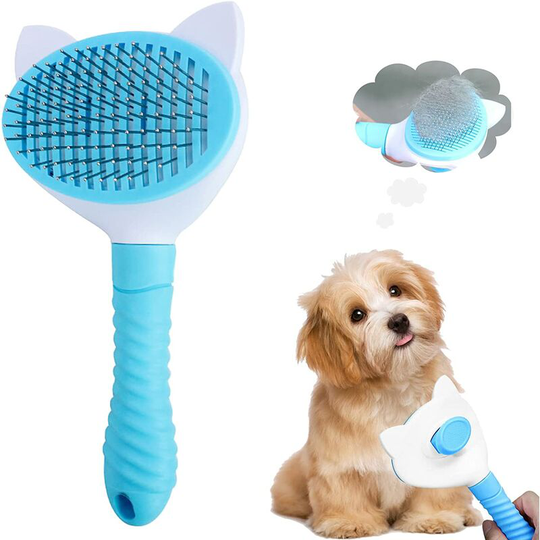 Dog brush, self-cleaning brush for cats, grooming brush for dogs and cats with short and long hairs (blue)