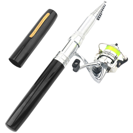 Asupermall - Portable Pen Shape Fishing Rod Telescopic Aluminum Alloy Fishing Pole + Metal Fishing Reel Spinning Reel,model:Black 1.8m - model:Black