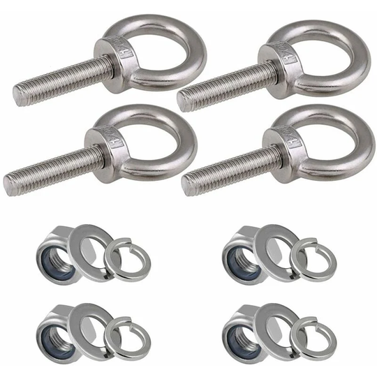 Eyebolts M10, 4 Pieces | Thread length 35mm | Nylon Lock Nut and Lock Washers, Marine 304 Stainless Steel External Threaded Bolts