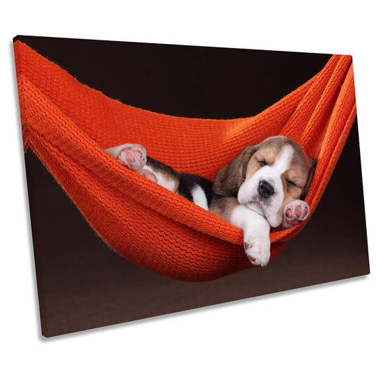 Cute Beagle Puppy Sleeping Print CANVAS WALL ART Picture Red