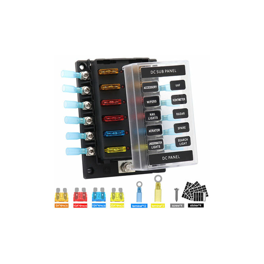 Muff - 12 Way Fuse Box Blade Fuse Block Holder,12 Circuit Screw Nut Terminal Positive/Negative Bus Bar 5A 10A 15A 20A Free Fuses, with led Indicator