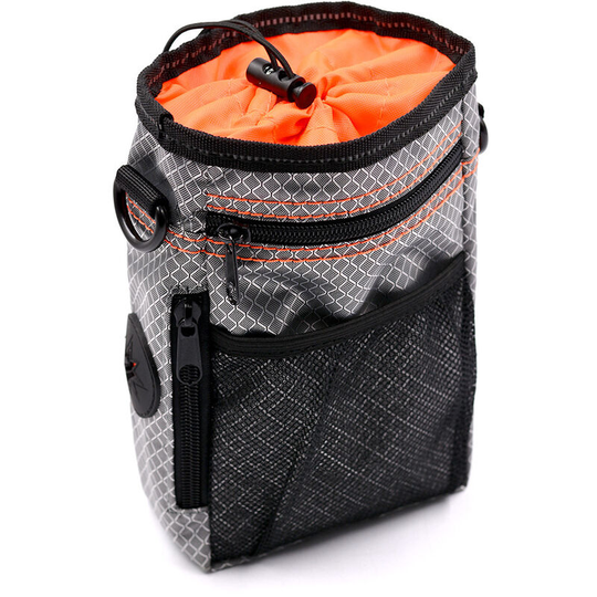 Dog Treat Bag with Poop Bag Holder, Waterproof Puppy Walking Bag with Shoulder Strap, Easy Carry Dog Toys, Food (Black+Orange)