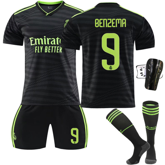 Real Madrid ii away game black fluorescent green jersey suit No.9 with socks+protective gear, children's size 22