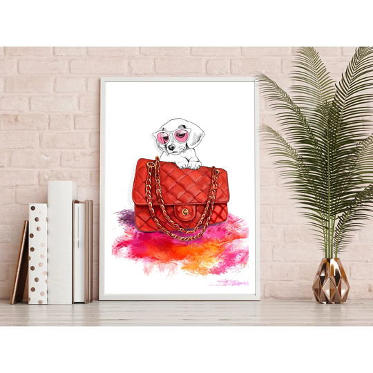 'Puppy And Designer Bag' Framed Graphic Art Print