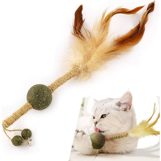 Cat Toy Catnip Ball, Silvervine Cat Stick, Cat Chew Toy with Bell/Sisal/Feather for Cleaning Kitten Teeth, Matatabi Cat Treats-1pc