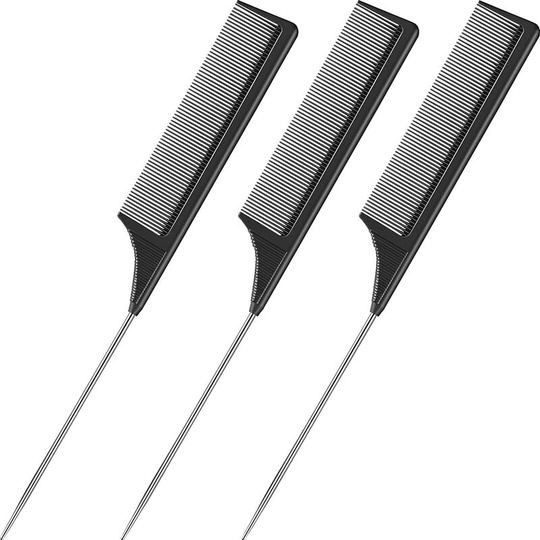 3 Pack Rat Tail Combs with Steel Pin and Heat Resistant Carbon Fiber Rat Tail with Stainless Steel Comb (Black)