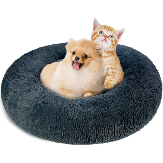 Donut Dog Cat Bed 60cm Self-Warming & Washable Puppy Bed Deluxe Round Soft Plush Pet Bed for Small Dogs and Cats(dark grey)