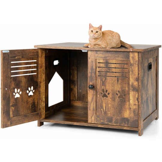 3-in-1 Cat Litter Box Enclosure Side Entrance Cat House End Table Double Doors