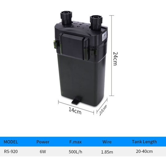 External aquarium filter, Up to 500 liters / hour, Removable filters, 6W economical pump motor