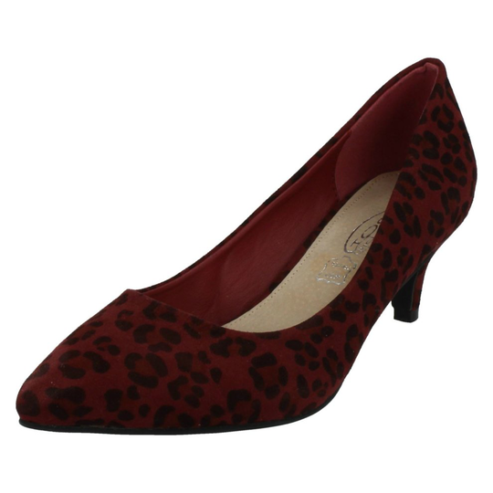 (UK 6, Burgundy Leopard (Red)) Ladies Spot On Kitten Heel Court Shoes