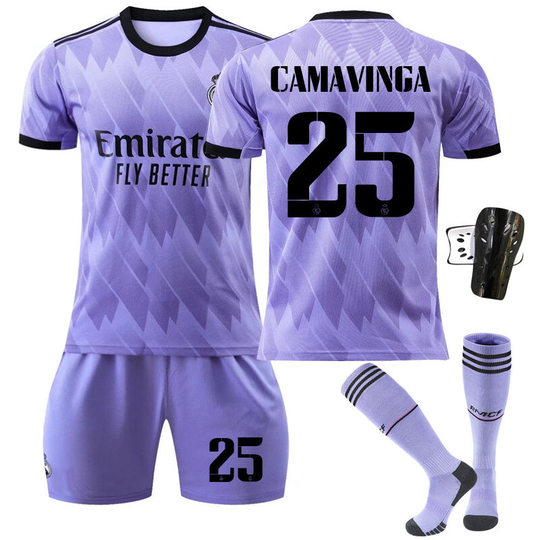 Real Madrid Stadium Away Purple Soccer Suit No.25 with socks+protective gear, children's size 22