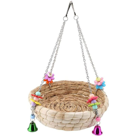Straw Nest Toy Cockatoo Biting Swing Swaying Standing Toy with 4 Metal Bells for Parakeets Parakeets Parakeets African parakeets