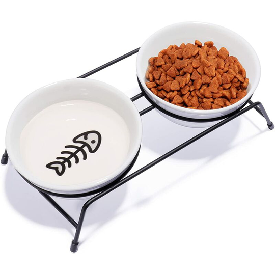 Sun Flowergb - Cat Food Bowl Set, 13 oz Ceramic Elevated Cat Bowls for Food and Water, 2 Pet Bowls with Non-Slip Rust Resistant Stainless Steel